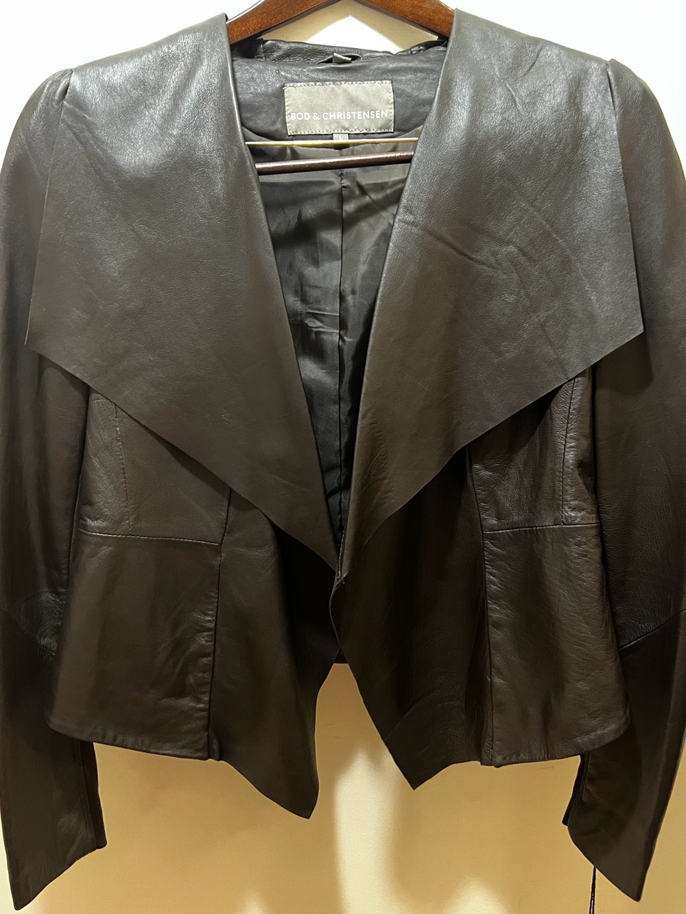 Bod & Christensen Genuine Leather Draped Waterfall Collar Jacket chocolate Brown - Picture 5 of 8